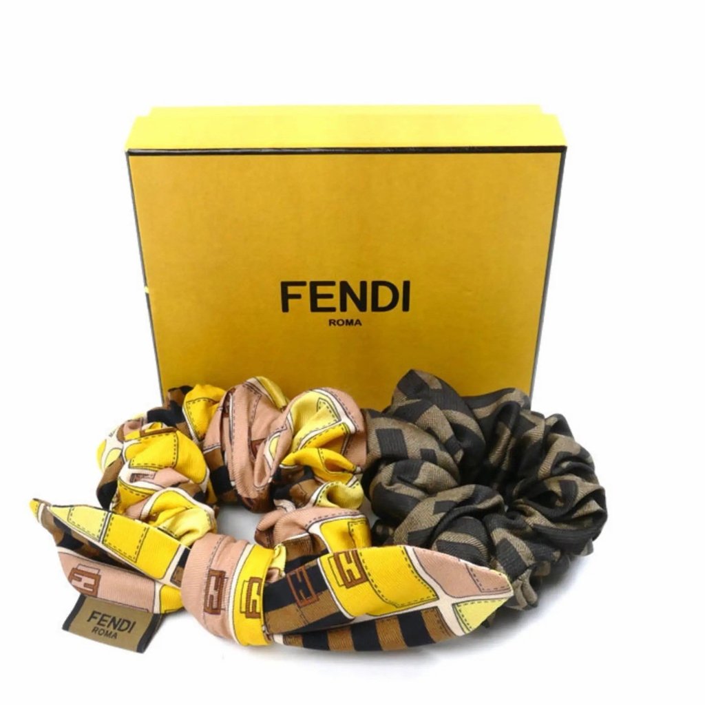 Nwt Fendi Silk Zucca Ribbon Motif Hair Scrunchies Brown Yellow